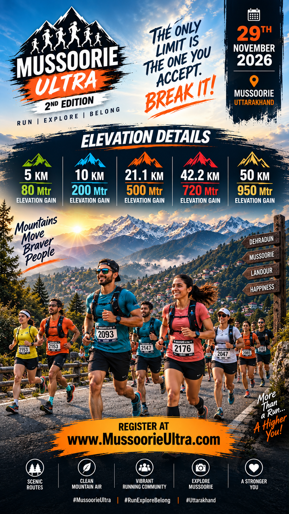 Mussoorie Ultra 2026 poster – run amidst the Himalayas, 5K to 50K